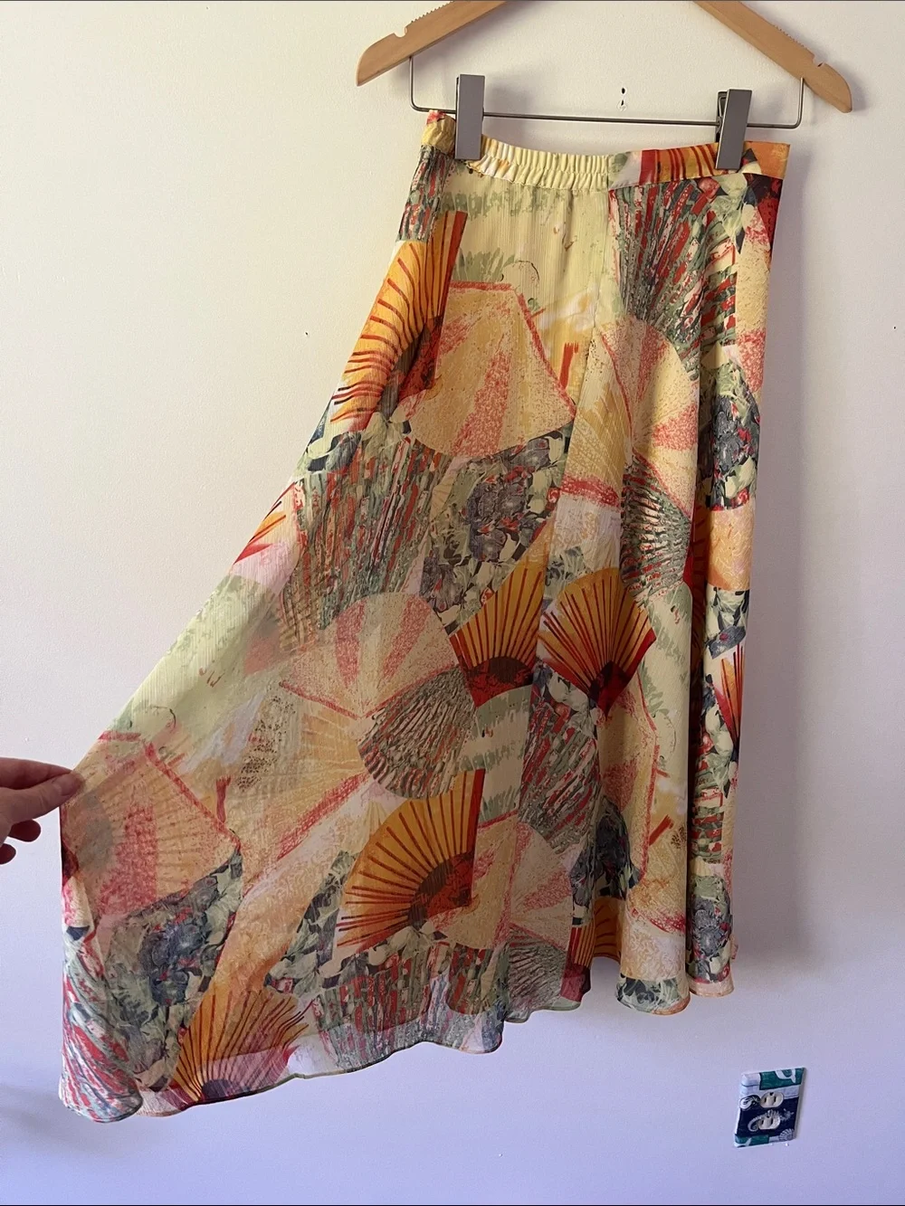 Bohemian Printed Maxi Skirt in Yellow and Orange w/ Japanese fans Size XS - Picture 2 of 7